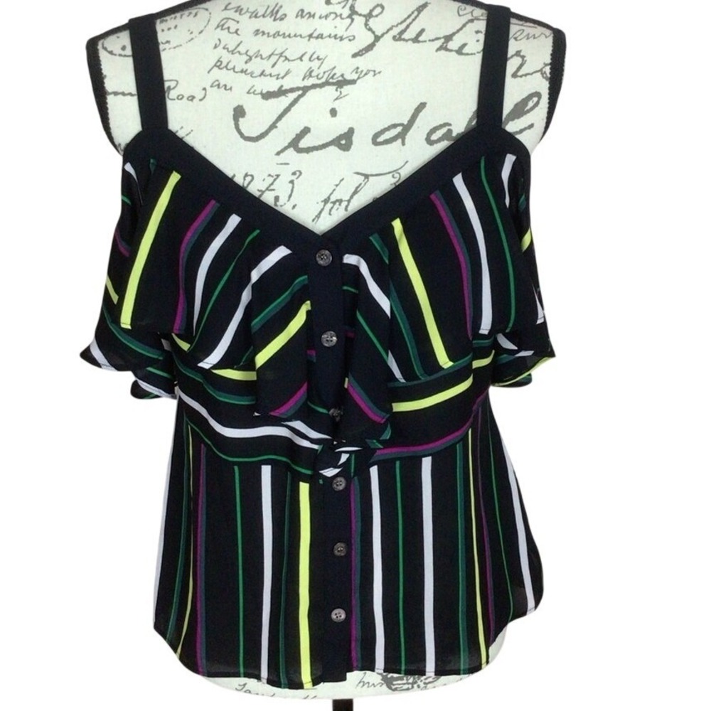 SALE Vince Camuto‎ Womens Off Shoulder Flutter Sleeves Black Multi Striped Top